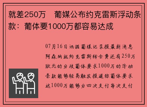 就差250万❗葡媒公布约克雷斯浮动条款：葡体要1000万都容易达成